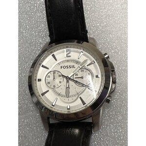 Fossil Chronograph Watch White Dial Black Leather Band Precision Measured